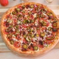 Mexicana Pizza (X-Large (Serves 4-5)) · Spicy jalapeño, hamburger, pepperoni, fresh red onion, and mozzarella cheese.