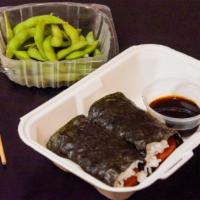 Spam Musubi · Spam wrapped in rice and side of sushi dipping sauce. Substitute option: Brown Rice for an a...
