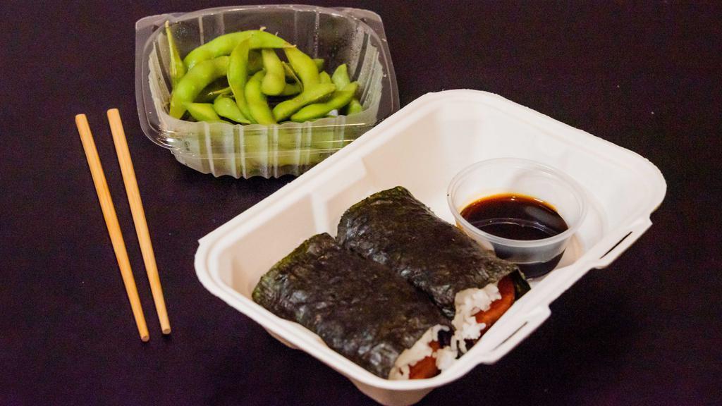 Spam Musubi · Spam wrapped in rice and side of sushi dipping sauce. Substitute option: Brown Rice for an additional charge.