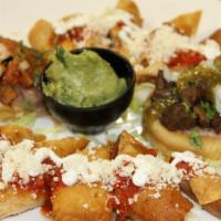 The Sampler Platter · Two fried taquitos, two fried flautas, two mini sopes. Served with guacamole, queso fresco, ...