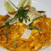 Diablo Pasta · Pasta linguine, tossed in a creamy Habanero sauce. Topped with green onions and shaved parme...