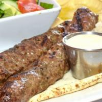 Beef Kafta Platter · Grilled ground beef kafta kebab, chopped tomatoes, onions, fresh parsley, tahini sauce
