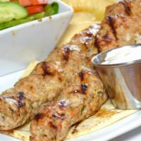 Chicken Kafta Platter · Grilled ground chicken kafta kebab, chopped tomatoes, fresh parsley, garlic sauce