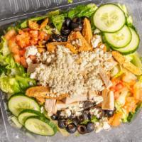 Greek Salad · A traditional Greek salad consists of grilled chicken, sliced cucumbers, tomatoes, olives, a...