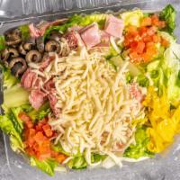 Antipasto Salad · A traditional Italian salad that is served with sliced pepperoni, salami, and ham, black oli...