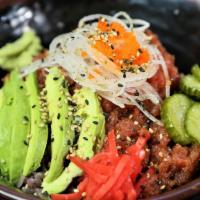 Spicy Tuna Avocado · With greens, green onion, wasabi and seaweed salad.