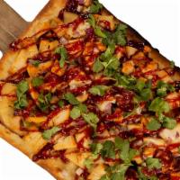 Bbq Chicken Pizza Flatbread · Spicy. BBQ Sauce, Bubbly Gouda, Chicken Breast, Red Onions, Cilantro, Sriracha Drizzle.