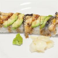 Dragon · Tempura shrimp and crab topped unagi avocado and unagi sauce.