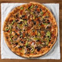 Mona Lisa · Pepperoni, sausage, green peppers, mushroom, red onion and black olive.