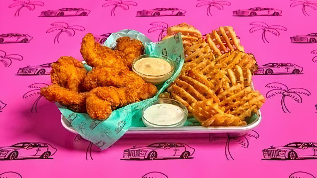 Six Piece Crispy Tender Combo · Six Crispy Tenders with choice of 1 flavor, regular fries, 1 dip and a drink.