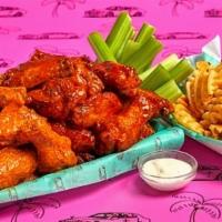 Major Game Day Pack: 30 Piece · 30 Classic Bone-in or Boneless wings with choice of 2 flavors, regular fries and 2 dips.