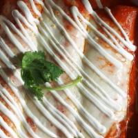 Camaron Enchilada · Three Shrimp Enchiladas, with Creamy Chipotle Sauce, covered in Melted Mozzarella Oaxaca Che...