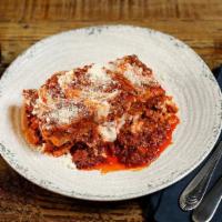 Lasagna · With beef and pork bolognese sauce, bechamel, Parmigiano