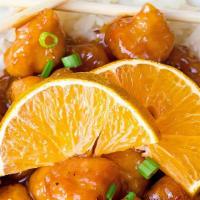Orange Flavored Chicken · Served with white rice. Hot and spicy.