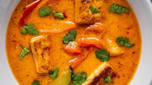 Red Curry · Red curry paste with coconut milk, green beans, eggplant, bamboo, red bell pepper, and
basil.