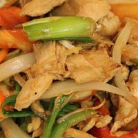 Fresh Ginger Saute · Sautéed with garlic, onion, mushrooms, red bell pepper, snow peas, carrots, corn, and
fresh ...