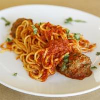 Spaghetti Vecchio · Homemade spaghetti and meatballs.