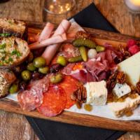 Artisan Cheeses & Cured Meats Board · Aged cheeses and cured meats, seasonal garnishes, marinated olives, mustard, grilled rustic ...