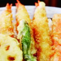 Shrimp Tempura Bowl · 3 pcs shrimp tempura, 3 kinds of seasonal vegetable tempura over rice.