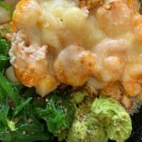 Shrimp Baked Bowl · Shrimp baked on a bed of Crab salad, with red onions, corn, jalapenos and Mozzarella cheese ...