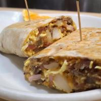 Meat Lovers Breakfast Burrito · Our  Meat lovers burrito is fully loaded with bacon, sausage, ham, 3 eggs, a hash brown, che...