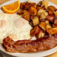 Bacon N Eggs Breakfast · 3 eggs any style, 4 pieces of bacon and hash browns or country potatoes toast or biscuits n ...
