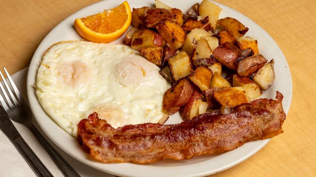 Bacon N Eggs Breakfast · 3 eggs any style, 4 pieces of bacon and hash browns or country potatoes toast or biscuits n gravy