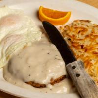 Chicken Fried Steak Breakfast Small Or Large · Small 1-patty or Large 2-patty served with 3 eggs, choice of hash browns or country potatoes...