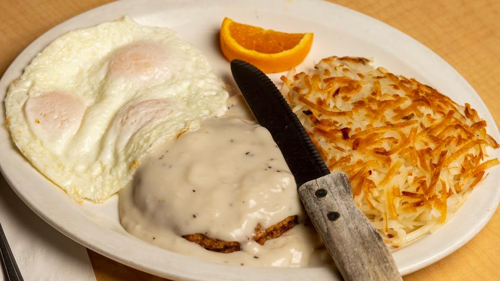 Chicken Fried Steak Breakfast Small Or Large · Small 1-patty or Large 2-patty served with 3 eggs, choice of hash browns or country potatoes and toast or biscuits and gravy