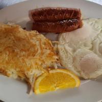 Linguica Or Sausage Links Breakfast · Linguica or 4 sausage links, 3 eggs any stile, hash browns or country potatoes, toast or bis...