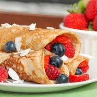 Fruit Crepes Just The Crepes · Two tender crepes topped with fresh made glazed fruit of your choice; Blueberries, Strawberr...