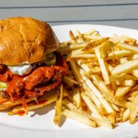 Chicken Sandwich With Fries · Chicken tossed in your choice of flavor, topped with lettuce, pickles, ranch dressing and se...
