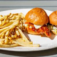 Sliders And Fries · Chicken tender tossed in your choice of flavor, topped with lettuce, pickles, ranch dressing...