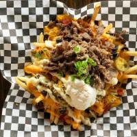 Bk Fries · French fries topped with cheese, jalapenos, olives, cilantro crema, garlic mayo, grilled kim...