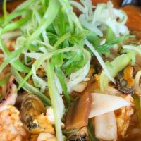 Hangover Seafood Ramen · Spicy. Korean style spicy ramen with assorted seafood, egg, and vegetables.