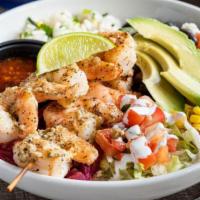 Grilled Shrimp Border Bowl · Grilled shrimp brushed with lime-cilantro chimichurri, cilantro lime rice, black beans, pick...