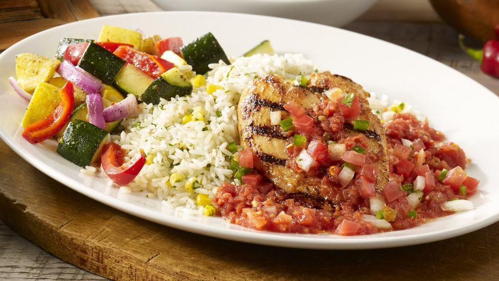 Mexican Grilled Chicken · 670-630 cal. Mesquite-grilled chicken breast topped with pico de gallo and tomatillo sauce or spicy salsa fresca. Served with sautéed vegetables and cilantro lime rice.