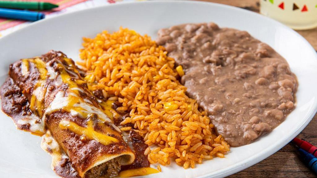 Enchilada Plate · 660-830 cal. Pick your enchilada - beef, chicken, or cheese. Served with Mexican rice and re-fried beans.