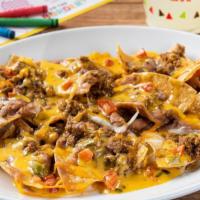Big Kid Nachos · Big nacho chips topped with refried beans, seasoned ground beef, mixed cheese and our signat...