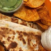 Kid'S Quesadilla · Choice of meat and shredded Cheddar cheese. Includes drink, and your choice of side.