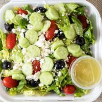 Greek Salad · Romaine lettuce, cucumbers, olives, tomatoes and Feta cheese.