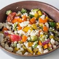 Greek Salad · Tomatoes, Cucumbers, Bell Peppers, Olives, & Feta Cheese.