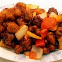 Sweet & Sour Pork 甜酸肉 · Spicy. Pork deep and stir-fried with green peppers, pineapple chunks, white onions, and carr...