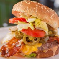 Mike & Amy Burger · American cheese, grilled onions, lettuce, bacon, tomatoes, jalapeños, and special sauce.