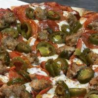 Hot Mama · If you like spicy, this is a must-try! Homemade spicy sausage, pepperoni, jalapeños, and cru...