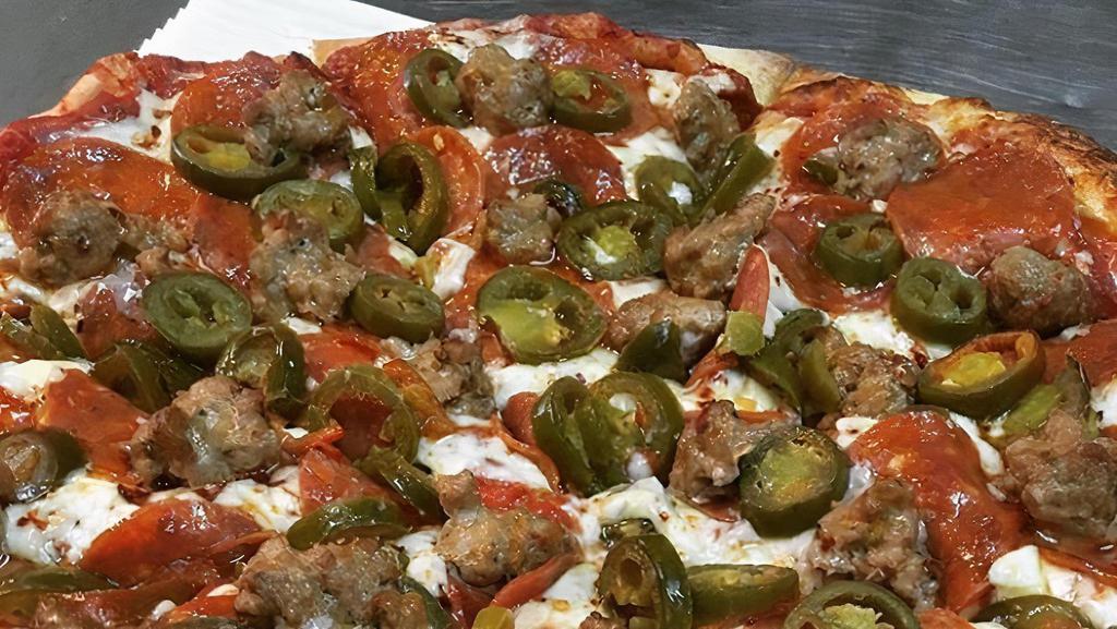 Hot Mama · If you like spicy, this is a must-try! Homemade spicy sausage, pepperoni, jalapeños, and crushed red peppers.