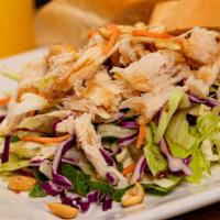 Chinese Chicken Salad · Shredded chicken, lettuce mix, carrots, red cabbage, celery and peanuts with soy-sesame vina...