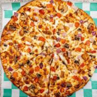 Creamy Garlic Chicken Pizza · This pizza has our signature creamy garlic sauce, fresh diced mozzarella cheese, fresh mushr...