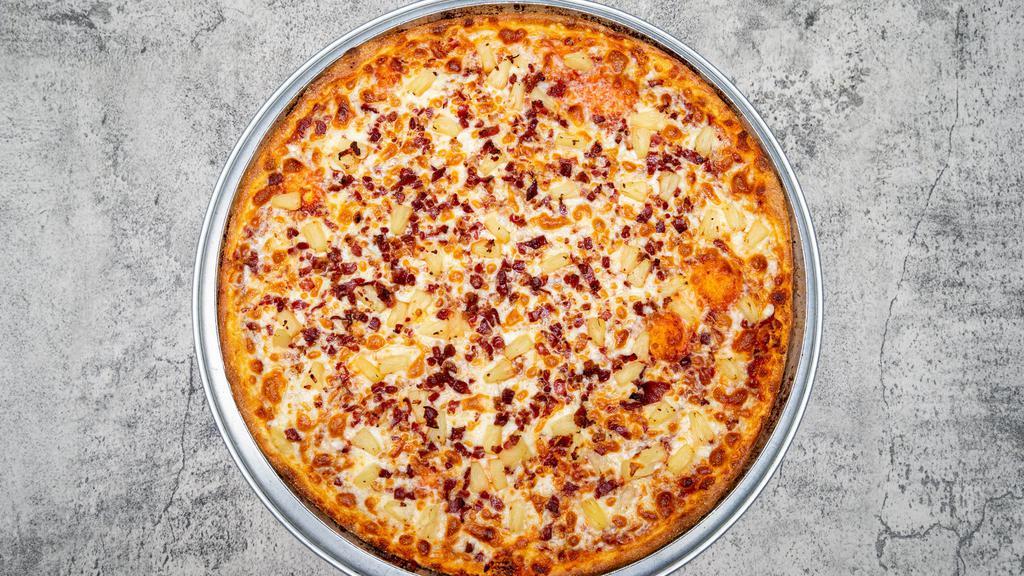 Hawaiian Pizza · This pizza has our signature red sauce, fresh diced mozzarella cheese, sliced Canadian bacon, & juicy pineapple.