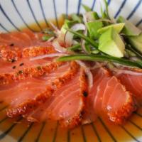 Seared Salmon Togarashi · togarashi crust, avocado, cilantro, jalapeno salad
